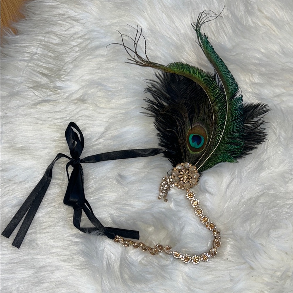 Peacock Feather & Crystal Hairpiece - Green Black